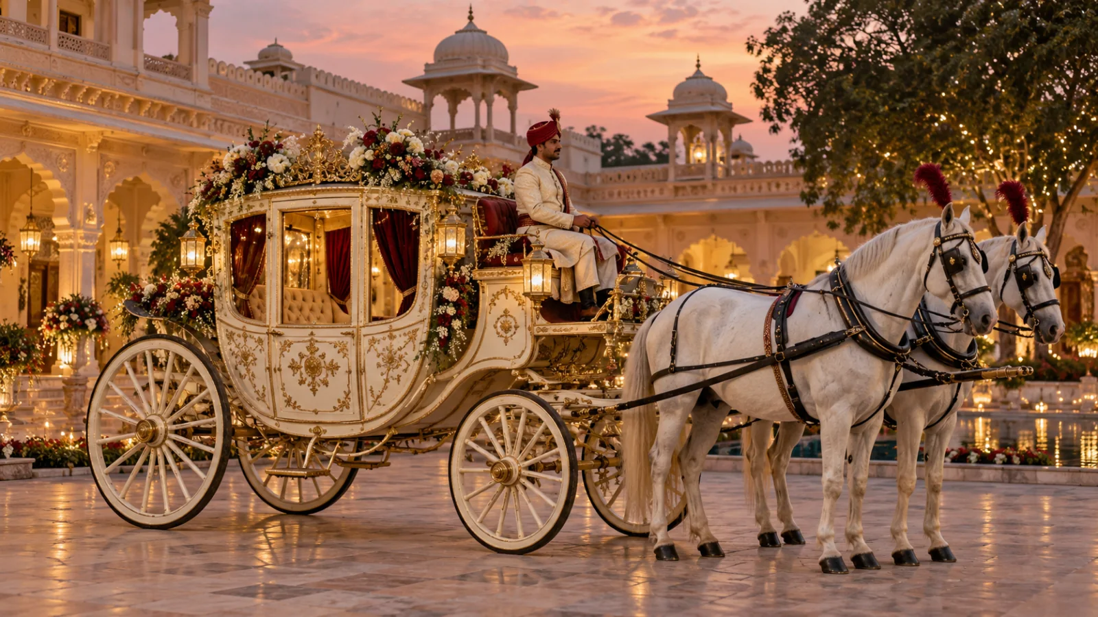 Cream and gold wedding carriage with two horses