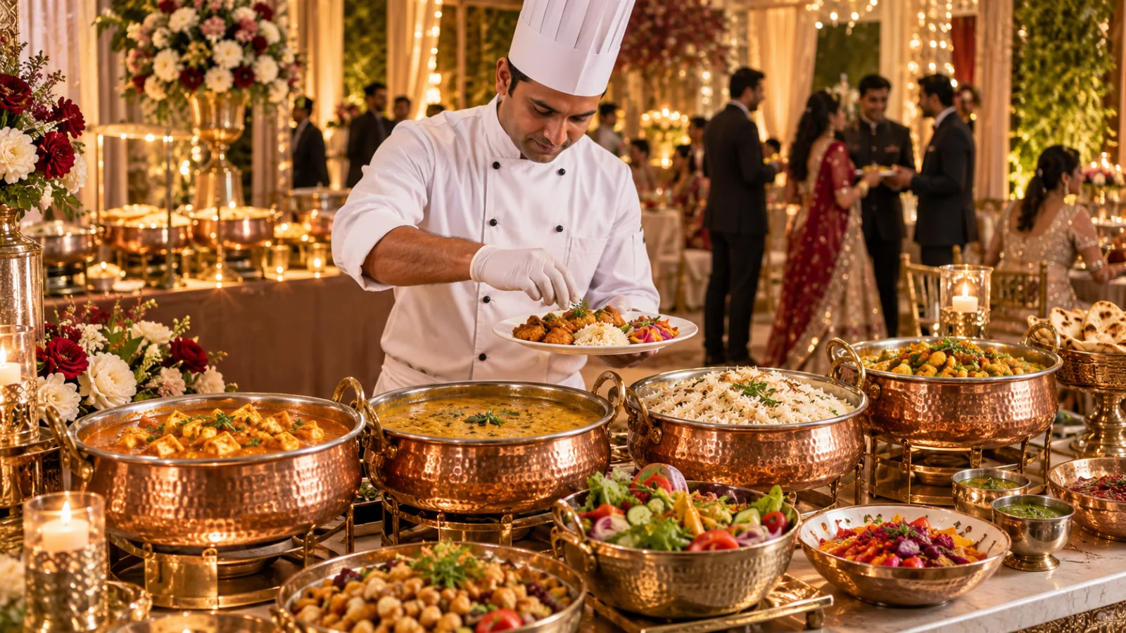 Chef arranging a plated meal beside an Indian wedding buffet