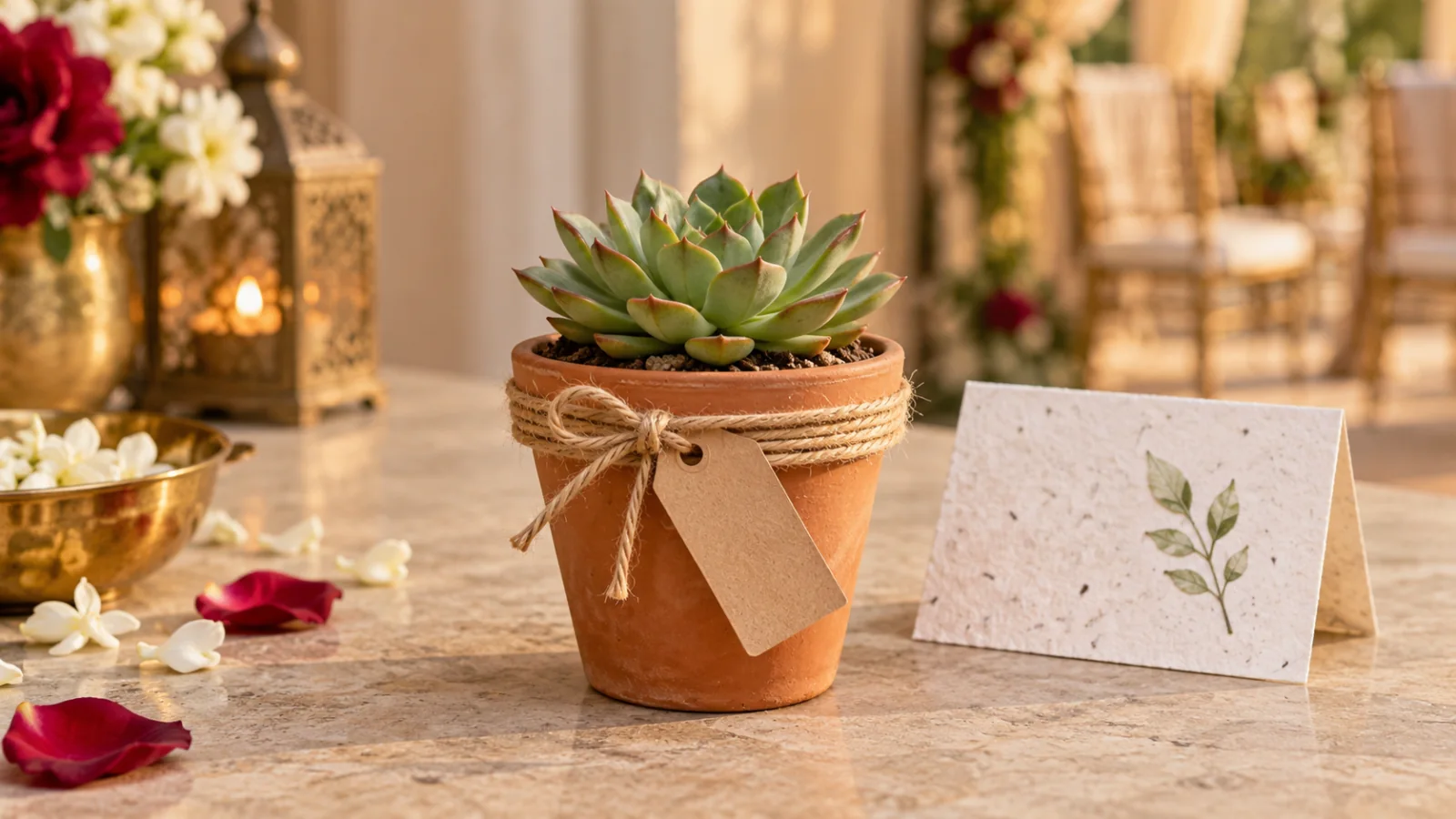 Potted succulent wrapped as a wedding favour