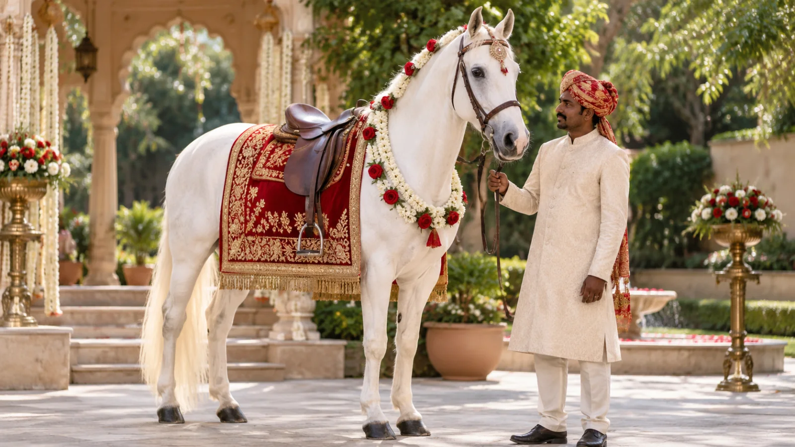 White wedding mare with a calm handler