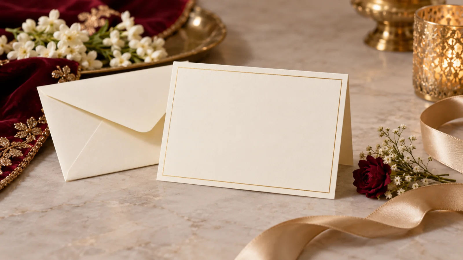Blank wedding itinerary card with matching envelope