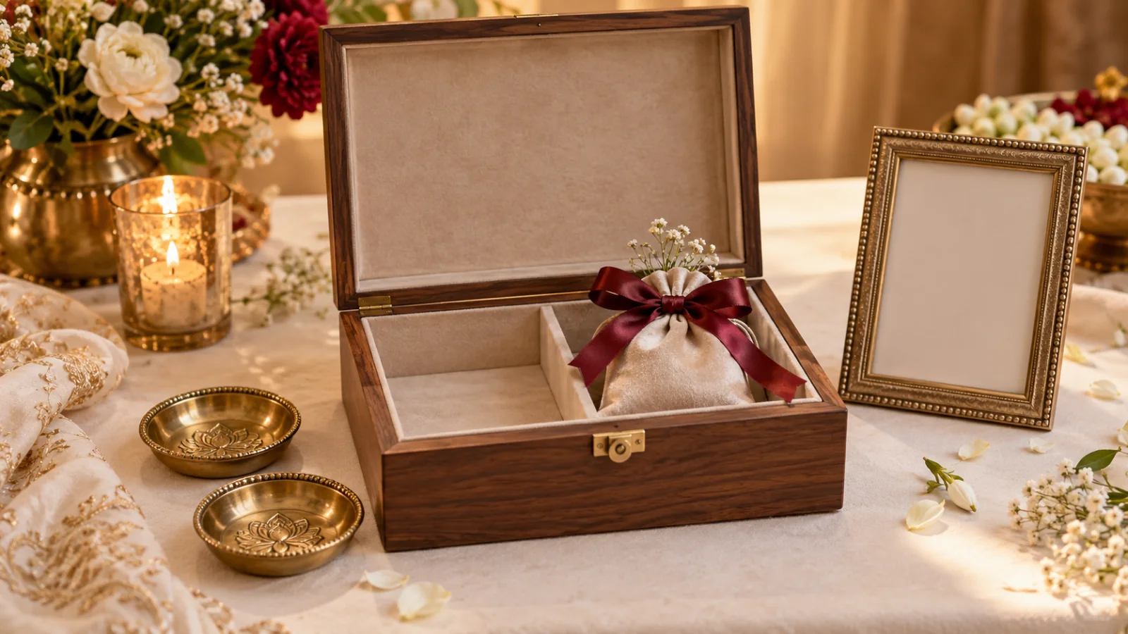 Wooden couple keepsake box with small gifts