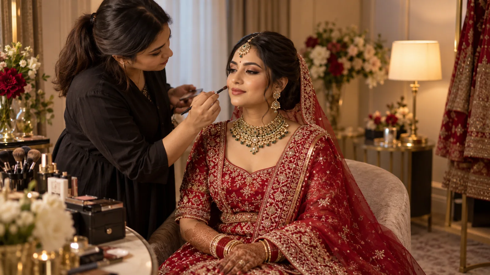 Makeup artist preparing a bride