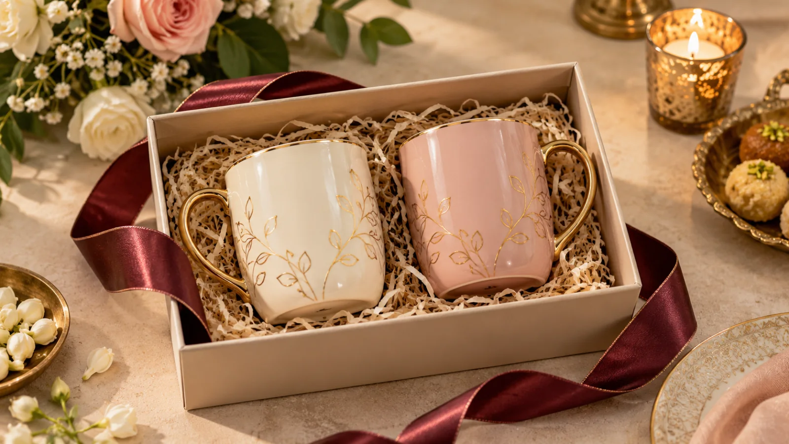 Ivory and blush ceramic mug gift set