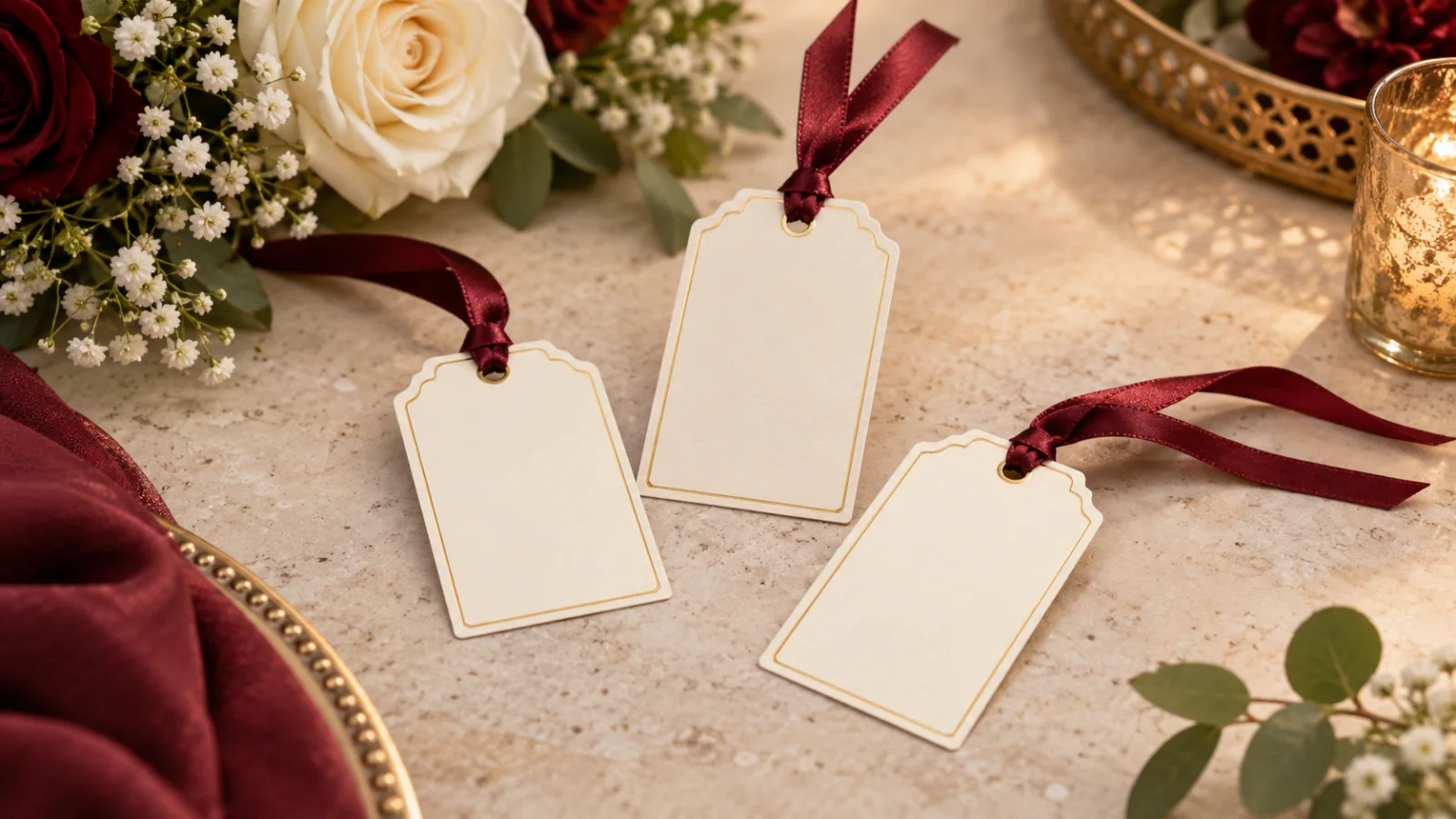 Blank wedding guest name tags with satin ribbons