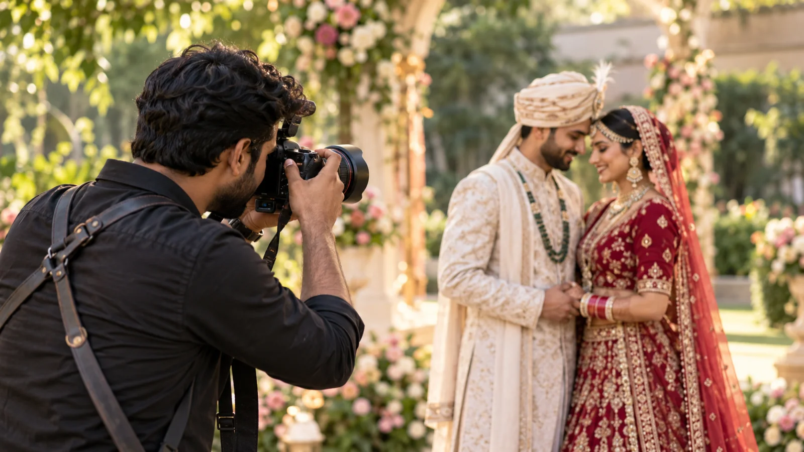 Photographer capturing a couple at a garden wedding