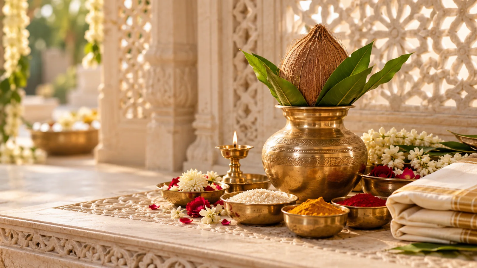 Brass kalash, diya and puja essentials on ivory stone