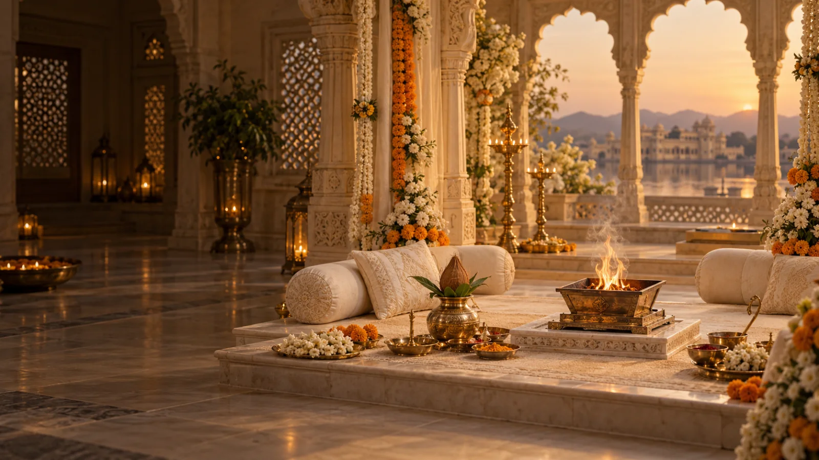 Mandap prepared with ritual items
