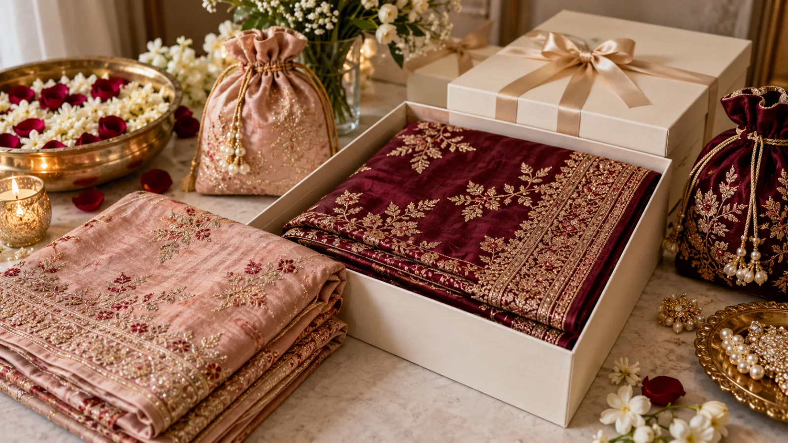 Folded bridal garments in trousseau presentation boxes