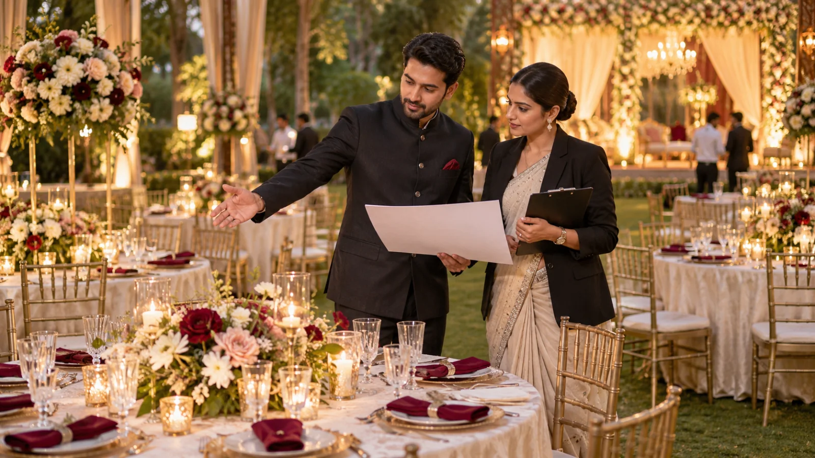 Wedding planners reviewing an event layout