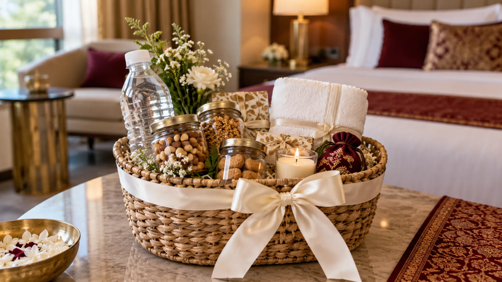 Guest welcome hamper in a woven basket